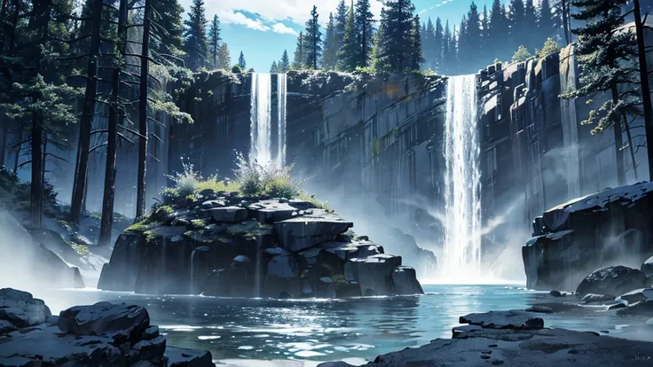 (7 color waterfall) High resolution, with large rocks and trees surrounding it.