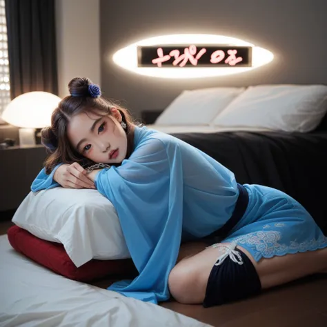 Korean lisa upclose in a PREPPY PINK AND BLUE SND WHITE BEDROOM DESIGNS PREPPY LIGHTS WALK IN CLOSETS FLAT SCREEN TV DARK BLUE NEON LIGHTS GLASS SLIDING DOORS SILK BED ATTIRE blue rose pedals canopy queen size bed the words ari in neon letters over the bed...