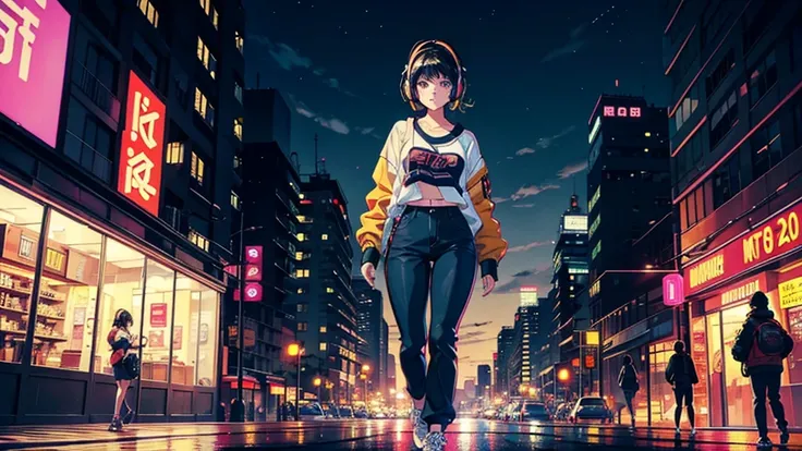 best quality, 8k, 1990s style, 2010s hairstyles, 21 year old girl, black hair, headset, bob hair, light brown eyes, city pop, big pants ,city night view, walking between buildings. whole body.