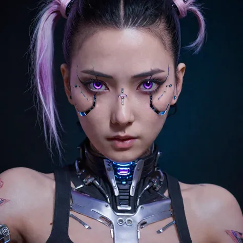 a stunning, 4k photo-realistic image of a cyberpunk ninja demi-human girl with a korean face. she is adorned with intricate mach...