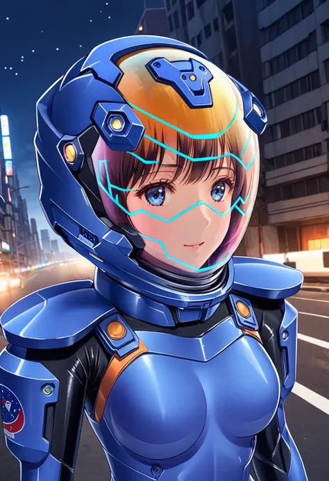 short hair, street, emo, BLACK hair, white eyes, eyeliner, apocalypse, (astronaut, girl, road, city, fortified suit, ((blue:1.5) plugsuit), short hair, outdoors, cinematic light, medium breasts, covered navel, space helmet, muvluv, space helm, eva helmet,[...