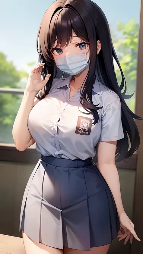 1 woman, 17 years old, (messy long haircut, black hair), scared face expression, plump body, blue eyes, Indonesian high-school uniform, (wearing transparent white shirt, short sleeves), osis logo on shirt pocket, medium breasts, curvy body, long light-grey...