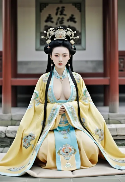 Qing dynasty empress naked empress spreading ones legs open wide with knees bent,creating the shape of the letter M at the Chinese court Qing dynasty empress empress of China crowned with a size crown with her hair tied back and raised above her head backg...