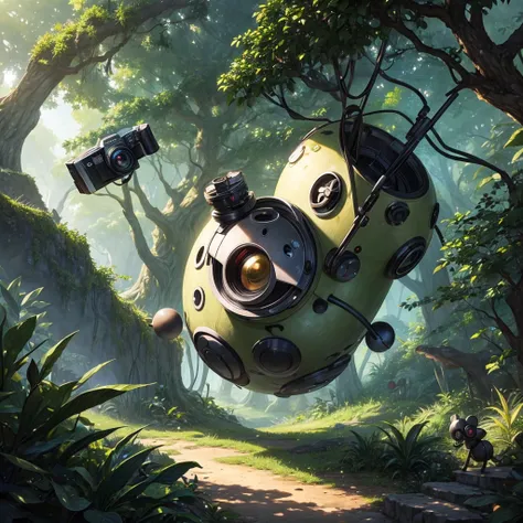 a magnificent levitating magnemite with a camera, in a lush jungle setting, safari style, masterpiece, extremely detailed, high quality, instagram profile