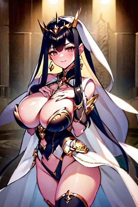 hand on own chest, hands up, black hair, bare shoulder, red eyes, very long hair, cleavage, large breasts, dress, showgirl skirt, high-leg, cleavage cutout, tiara, bare thighs, gauntlets, bare shoulder, bare nails, bare fingers, bare hands, good hands, bes...