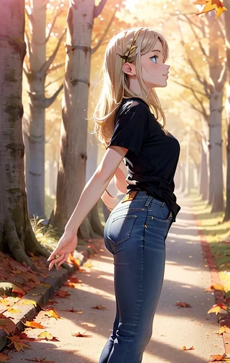 absurderes, ultra-detailliert,bright colour, 8K,masuter piece,(1girl in:1.4),(A very beautiful forest of autumn leaves:1.5),extremely beautiful detailed anime face and eyes,(happy smail:1.4), (Smooth straight blonde hair:1.3), (Shiny hair:1.3),(From Side:1...