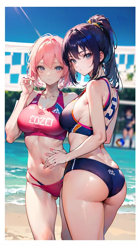 inside beach court, (Two Women),(Two beach volleyball players standing side by side:1.5),(Same beach volleyball team:1.5),(Pink beach volleyball high leg bikini:1.3),(Wearing the same thing:1.5),tight:1.5, (Long Hair:1.3), hair slicked back:1.5,rest(whole ...