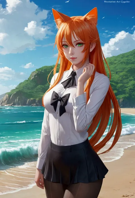 anime girl with long orange hair standing on beach near ocean, green eyes detailed digital anime art, cat ears, , anime girl with long hair, smooth anime cg art, anime girl with long hair, average breast size, digital anime art, artwork in the style of guw...