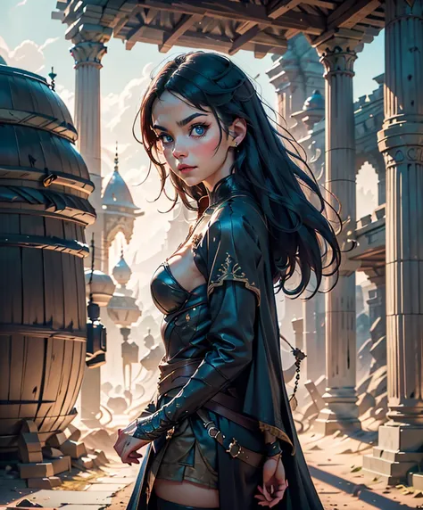 score_9, score_8_up, score_7_up,  (((Solo focus)))  score_9, score_8_up, score_7_up,  (((Solo focus))) Design a fantasy character set against a dark and sinister background.  She looks like s;y, suspicious, lithe female character in a fantasy setting, wear...