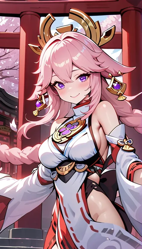 yae miko、hair ornament、japanese clothes、sideboob、detached sleeves、wide sleeves、jewelry、earrings、bare shoulders、(((best quality)), ((masterpiece)), (details), masterpiece, best quality, high quality, ulutra detailed, perfect face, Yae Shrine Maiden、Genshin ...