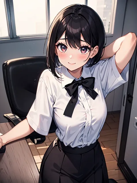 28-year-old office lady, black-haired, short-haired, ponytailed woman, bangs swept to the side, smiling, blushing, energetic, bi...