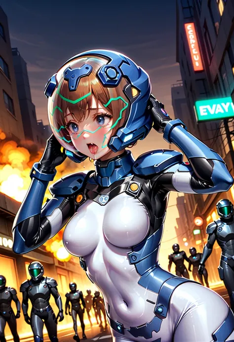 short hair, street, emo, BLACK hair, white eyes, eyeliner, apocalypse, (astronaut, girl, road, city, fortified suit, ((blue:1.5) plugsuit), short hair, outdoors, cinematic light, medium breasts, covered navel, space helmet, muvluv, space helm, eva helmet,[...