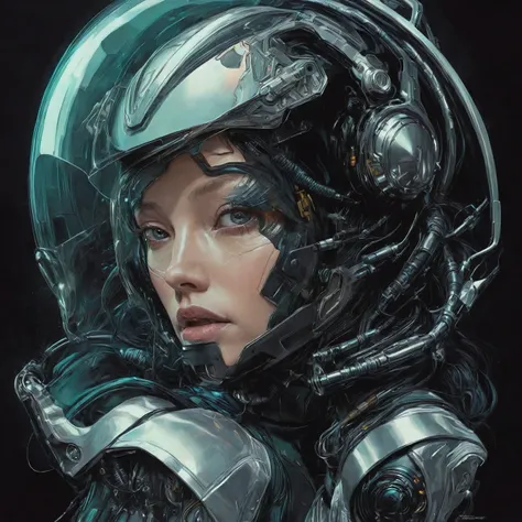 a close up of a woman wearing a helmet and a helmet, portrait of a sci - fi woman, martin ansin artwork portrait, detailed sci-fi art, alien portrait, retro sci - fi art, sci - fi illustrations, sci-fi illustrations, sci - fi art, sci-fi art, moebius + art...