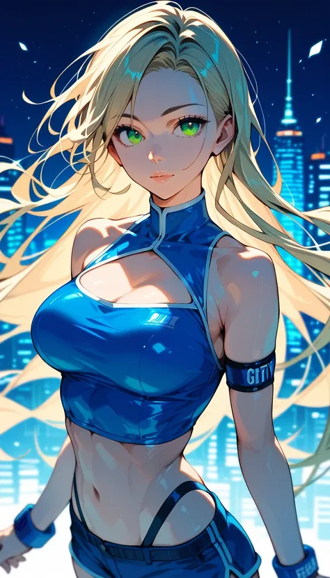 (best quality),female,(((blue clothes))),highneck crop tops,tight shorts,wrist_band,long hair,blonde straight hair,green eyes,standing,night city, upper body,score_9, score_8_up, score_7_up,source_anime,