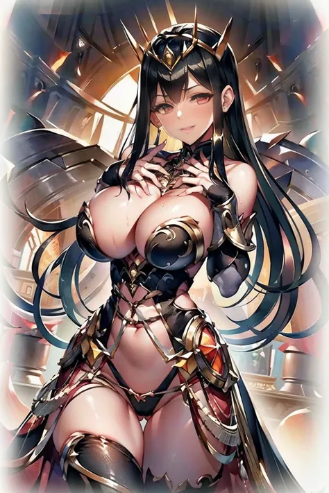 hand on own chest, hands up, black hair, bare shoulder, red eyes, very long hair, cleavage, large breasts, dress, showgirl skirt, high-leg, cleavage cutout, tiara, bare thighs, gauntlets, bare shoulder, bare nails, bare fingers, bare hands, good hands, bes...