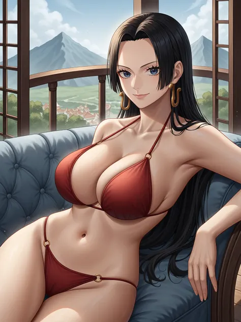 source_anime,score_9,score_8_up, score_7_up, 1girl,solo,outdoors,one piece, boa hancock, couch, indoors, seductive, face closeup, ((closed mouth)), smirk, thighs, long shot, balcony, mountain background, fancy, white couch, laying, leaning, fronr view, red...