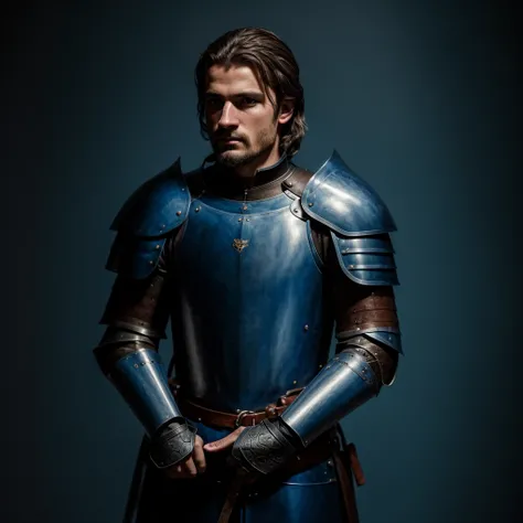 Portrait of a Knight, against a dark blue blurry background