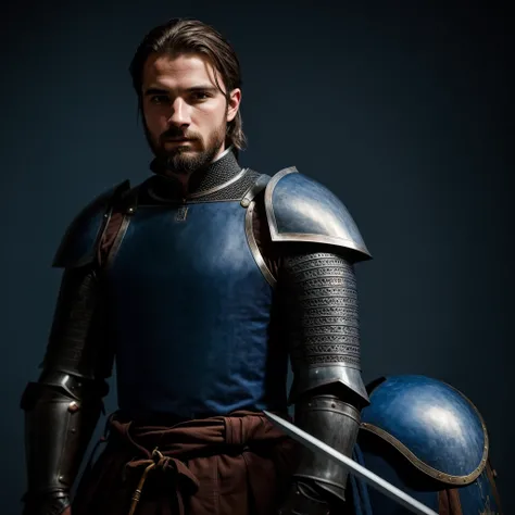 Portrait of a Knight, against a dark blue blurry background