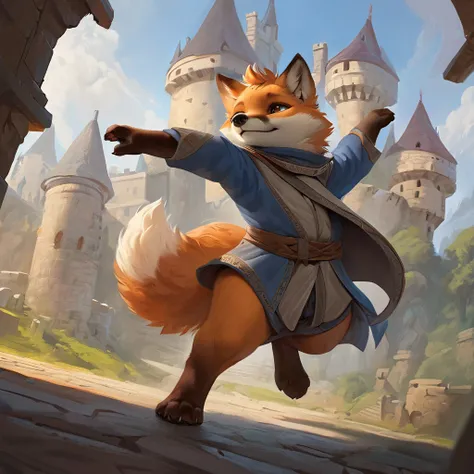 masterpiece, best quality, highres, ultra-detailed, professional, vivid colors, concept art, adorable furry chubby fox in medieval clothing, dynamic pose, castle, paws