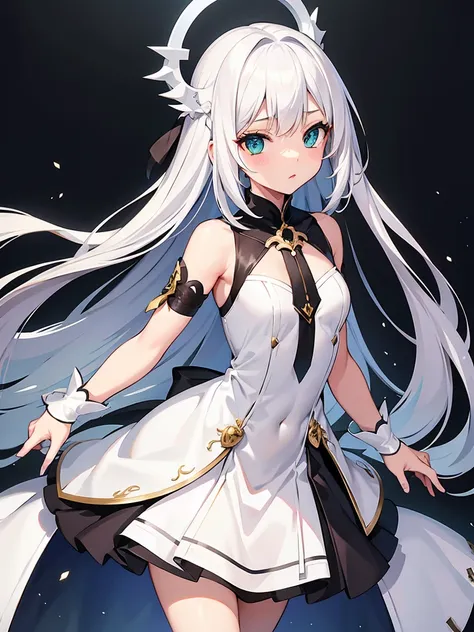 masterpiece, super fine illustration, extremely detailed, 1girl, flat background, full body, standing, extremely detailed face and eyes,Anime character with long white hair and black dress, deity with white hair, from arc knights, cute anime waifu in nice ...