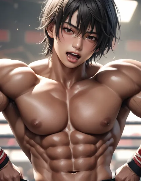 high quality, detailed, Realistic,(one 16 years old tanned japanese wrestler boys:1.5), (detailed black eyes), (black short hair), (muscle:1.5), (tanned dark brown skin), (black tiny thong), (bulge), (detailed nipples), detailed areola, best quality, 4k, 8...