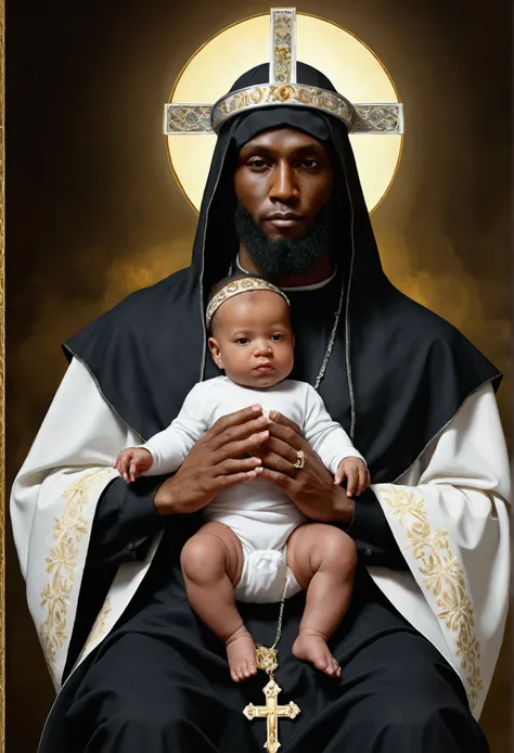 imageio, Black saint with white baby on his lap, halo on head, Catholic, fully body, skin black, 4K, solid bottom, realisitic