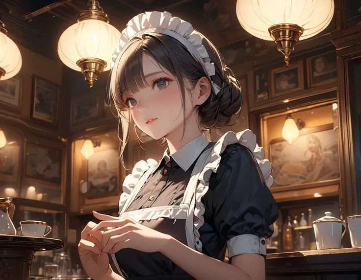 (masterpiece, best quality,4K, hyper detailed, super fine illustration), 
(perfect anatomy, perfect fingers, perfect face), 
detailed lighting, 
beautiful composition, from front, 
old cafe with maid　antique　A calm interior