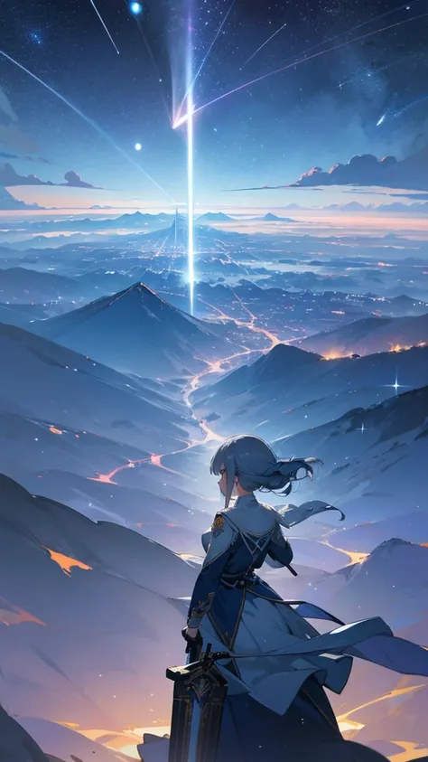 1 girl,Back view,Light gray uniform,skirt,Light blue sword,Mountain,city below,Night Sky,Moon on the top right,Shooting star in the center,A little far from the camera