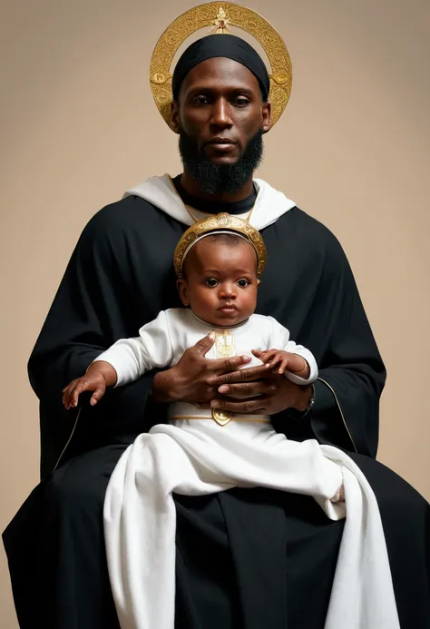 imageio, Black saint with white baby on his lap, halo on head, Catholic, fully body, standing, skin black, 4K, solid bottom, realisitic