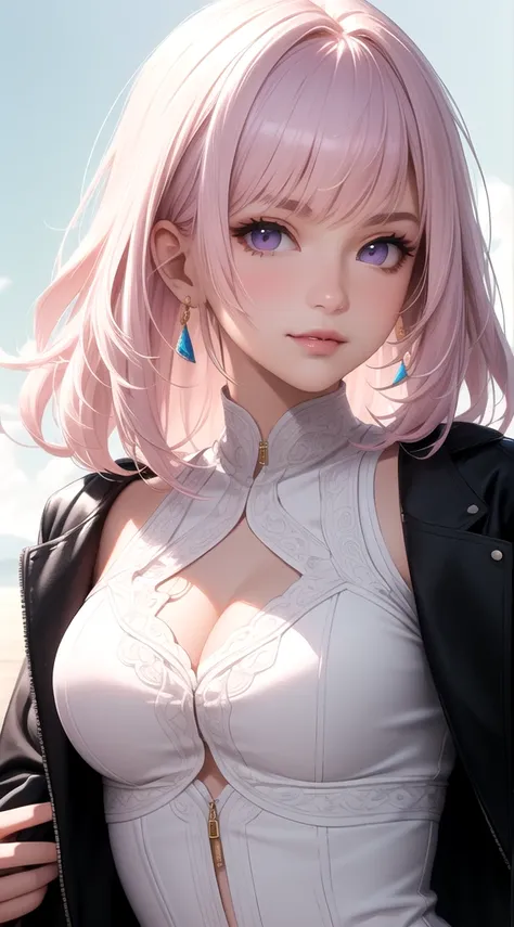 (masterpiece, best quality), intricate details, thin, ((slim)), beautiful girl, Light pink hair, white skin, light purple eyes, sharp jawline, cropped jacket, messy hair, lips, upper body, close up, smirk