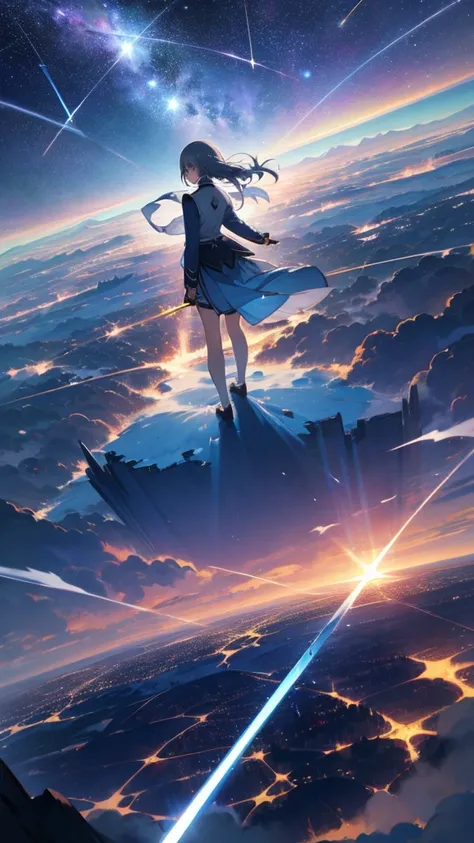 1 girl,Back view,Light gray uniform,skirt,Light blue sword,Mountain,city below,Night Sky,Shooting star in the center,A little far from the camera