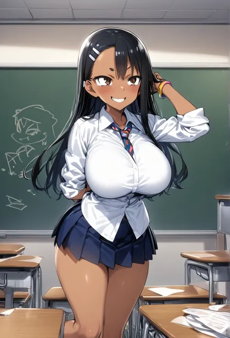 enormous massive gigantic big large fat breasts  girl:nagatoro_hayase, brown eyes, black hair, long hair, dark skin, dark-skinne...