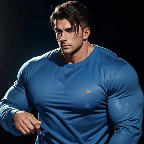 a young and very handsome man, simple blue sweatshirt with long sleeves, extremely handsome, very muscular, with very large muscles, defined and muscular body, on a black background