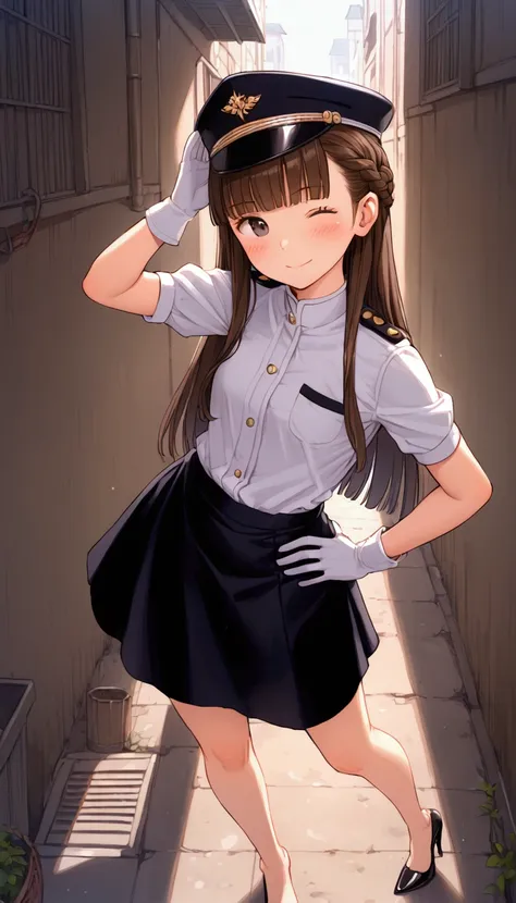 {Highest quality}, {Super beautiful},{Ultra fine},{Best illustration},Brown Hair,Hime cut,long hair,Braid,One woman,Standing Woman,Strike a pose,smile,smilingly,Smile,Wink,Uniform cap,White Shirt,Short sleeve,Long black skirt,White gloves,In the back alley...