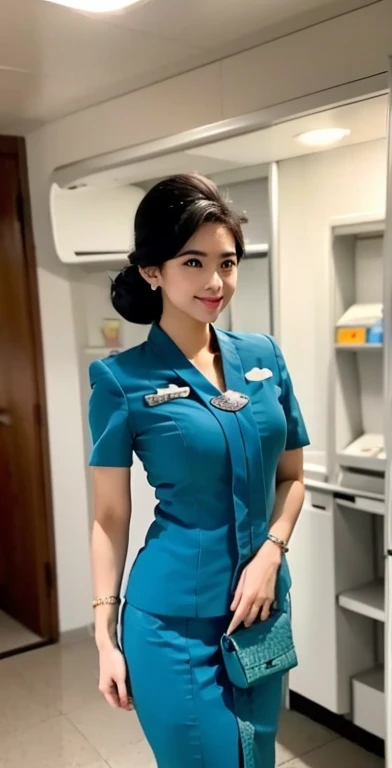 indoor airlanes,black hair, indonesian,wearing garudaindonesia uniform,white skin,large breastasterpiece),((sfw)),busty,big brea...