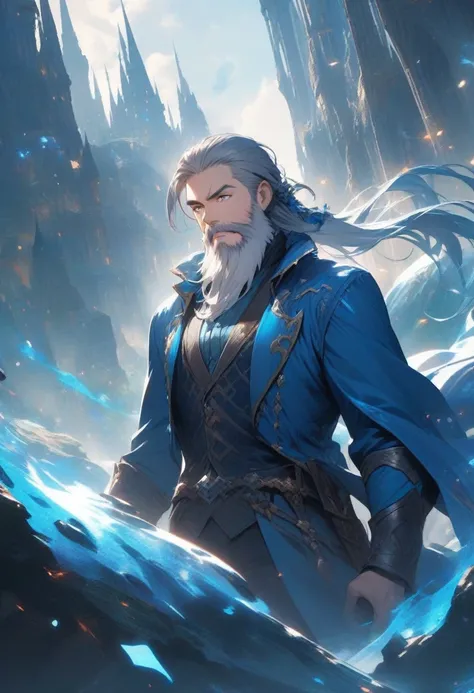 Man with beard in blue silk jacket in fantasy world