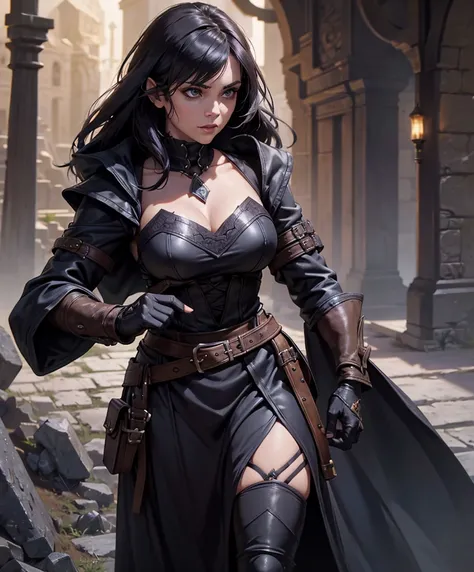 score_9, score_8_up, score_7_up,  (((Solo focus)))  score_9, score_8_up, score_7_up,  (((Solo focus))) Design a fantasy character set against a dark and sinister background.  She looks like sly, suspicious, lithe female character in a fantasy setting, wear...