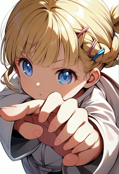 Anime child girl 8 years (blond hair tied into a braid,  hair clips, blue eyes) in karate suit. Dynamic karate pose. White background