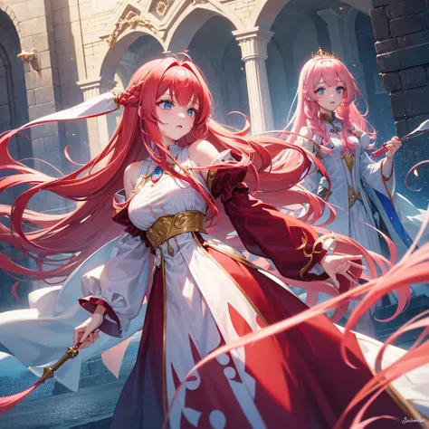  Princess with long red hair, with some pink tint, There are 3 strands of hair loose on the right and on the left she has a braid,  has bangs with loose strands near the braid. large breasted . Perfect glass, striking red, half blue eyes , pink mouth dress...