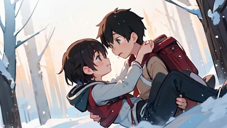 1 boy carrying a girl the same size on his back, in a heavy snow storm, In a forest, in a hurry, an image of Makoto Shinkai, trend on pixiv, conceptual art, guweiz style artwork, Guweiz and Makoto Shinkai, Sakimichan and Makoto Shinkai, ( ( Makoto Shinkai ...