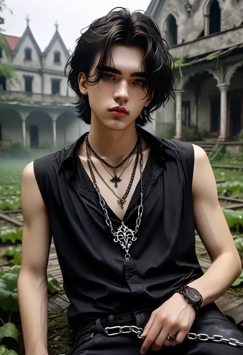 gothic normal medium haired young men with aesthetic chain necklace and wearing a black sleeveless blouse is posing laying on th...