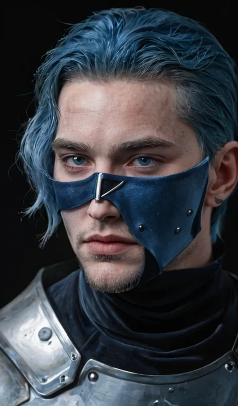 Man. Dark blue eye color. Blue hair. Bright skin. Knight. High Duke Knight. Looks at the viewer. Solo. 45 years. Pleasant facial features. Brutal. High. In the armor of a knight., 1200 PPI – Photographic resolution with greater central realism, Hyper-reali...