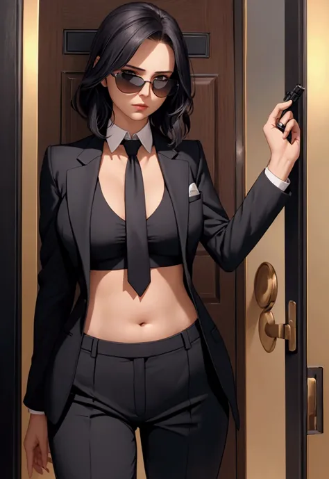 night time, Woman in professional crop top suit, trousers, Show belly, Realistic navel shape, necktie, black sun glasses, secret organization, holding pistol, knock on the door