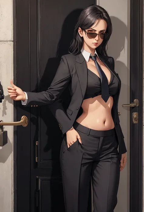 night time, Woman in professional crop top suit, trousers, Show belly, Realistic navel shape, necktie, black sun glasses, secret organization, holding pistol, knock on the door