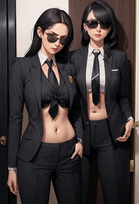 night time, Woman in professional crop top suit, trousers, Show belly, Realistic navel shape, necktie, black sun glasses, secret organization, holding pistol, knock on the door