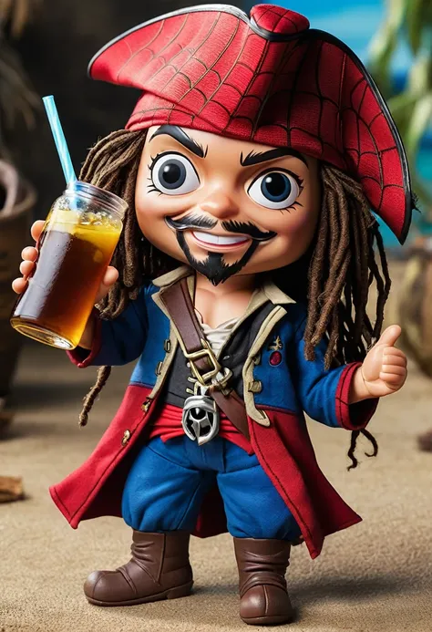 Create a chibi-style dolls, illustration featuring a funny interaction between Spider-Man and Jack Sparrow. Spider-Man is in his classic red and blue suit, hanging upside down from a web. He has a playful grin on his face, one eye squinted in a wink, and i...