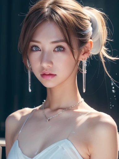 (masterpiece, highest quality:1.2), 8K, 85mm, Raw photo, confused, white and cyan theme, (liquid clothes, liquid dress:1.4), gray hair, gradient dress, delicate girl, Upper body, close your face, shiny skin, teen, looking at the viewer, HDR, sharp focus, p...