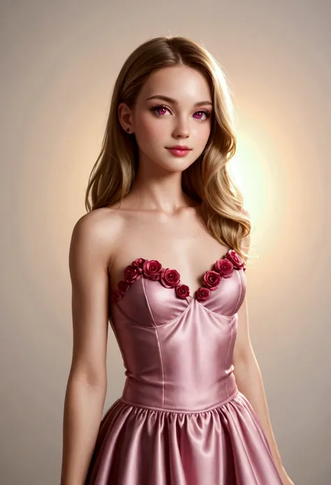 An 18 years old European girl with pale skin and long, wavy rose_gold hair. large and magenta colored eyes, full lips, with an adorable, and innocent face. She should have a happy expression, wearing a pink, gold, and rose gold colored dress, with an elega...