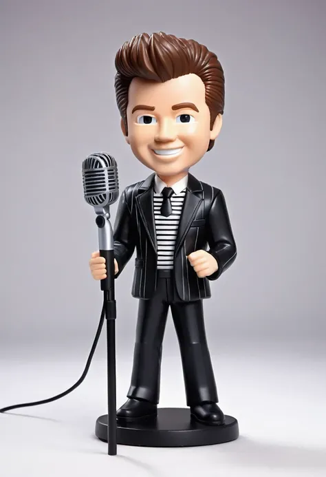 Create a chibi-style illustration depicting a humorous "Rick Roll" in the style of a plastic toy. The chibi Rick Astley should be in his classic outfit from the "Never Gonna Give You Up" music video: a striped shirt, black jacket, and light-colored pants. ...