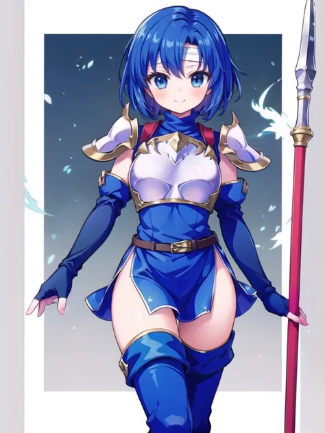 1girl, masterpiece, best quality, perfect hands, blue hair, short hair, catria_echoes, dress, blue elbow gloves, belt, blue fing...